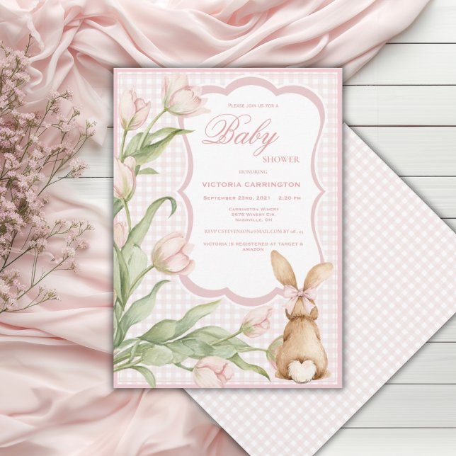 Pink Gingham Bunny Tulips Vintage Baby Shower  Invitation (Creator Uploaded)