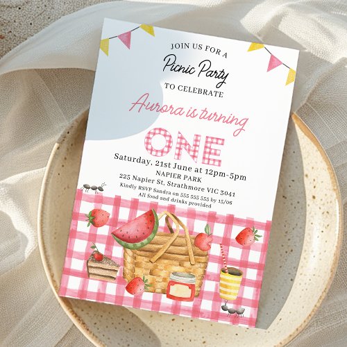 Pink Gingham Bunting Flags Picnic 1st Birthday Invitation