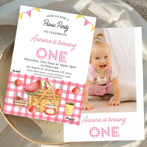 Pink Gingham Bunting Photo Picnic 1st Birthday  Invitation