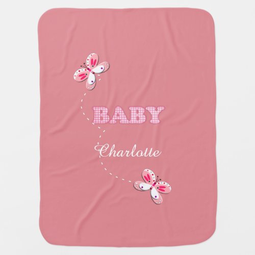 Pink Gingham Butterfly Baby Motif Personalized Swaddle Blanket