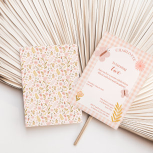 Pink Gingham Butterfly with Flowers Birthday Invitation