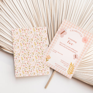 Pink Gingham Butterfly with Flowers Birthday Invitation