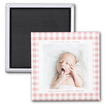 Pink Gingham Check Baby Birthdate Magnet by 2BirdStone at Zazzle