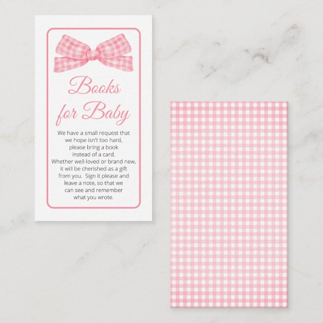 Pink Gingham Check Bow Baby Shower Books for Baby Enclosure Card (Front/Back)