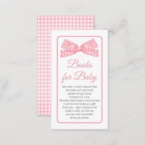 Pink Gingham Check Bow Baby Shower Books for Baby Enclosure Card