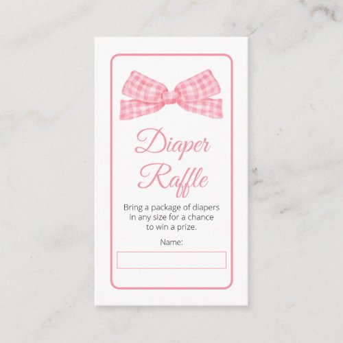 Pink Gingham Check Bow Baby Shower Diaper Raffle Enclosure Card