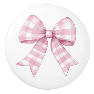 Pink Gingham Check Bow Ceramic Knob