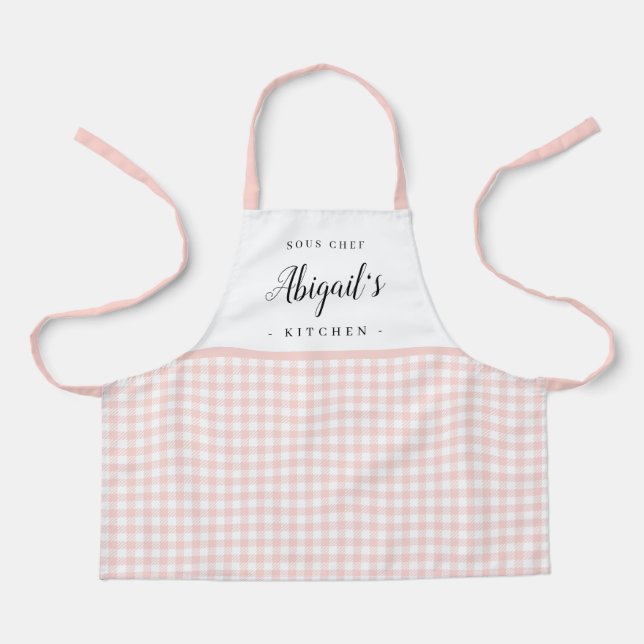 Pink gingham check children's personalized cooking apron (Front)