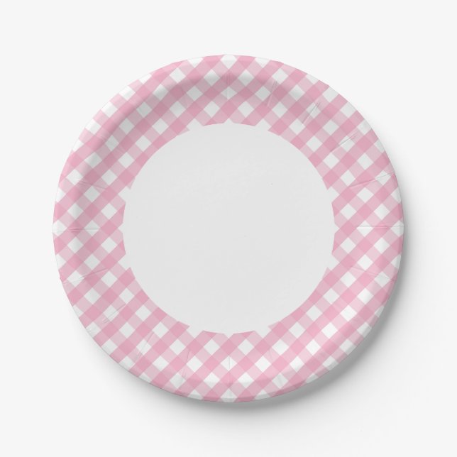 Pink Gingham Check Pattern 2 Paper Plates (Front)