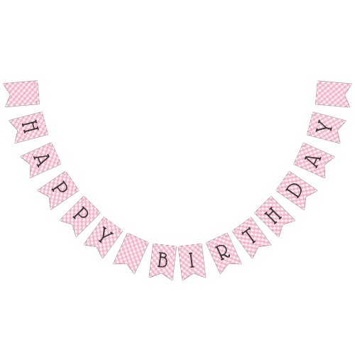 Pink Gingham Check Pattern Happy Birthday Bunting Flags