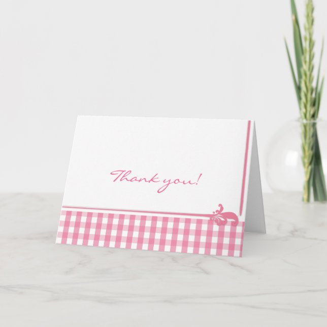 Pink Gingham Check Pattern Letterpress Thank You Card (Front)