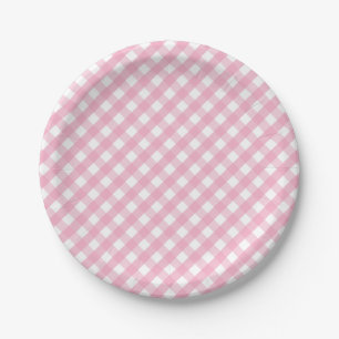 Pink Gingham Check Pattern Paper Plates