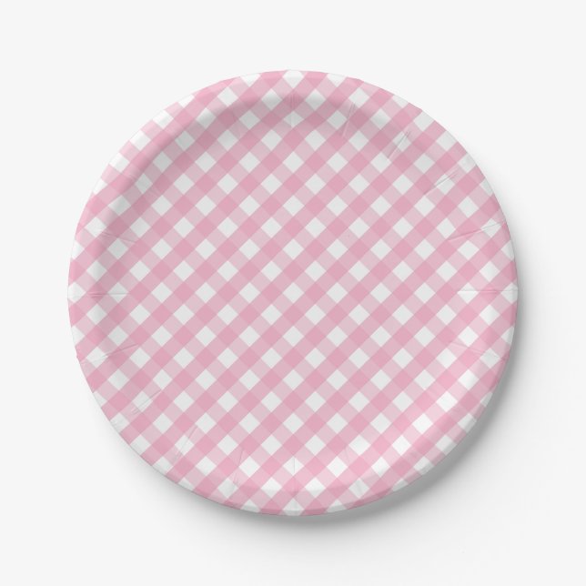 Pink Gingham Check Pattern Paper Plates (Front)