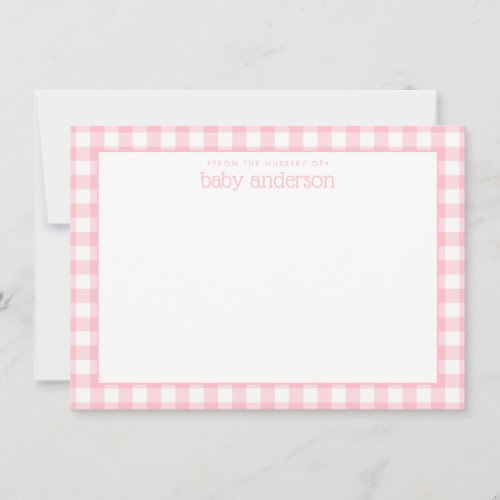 Pink Gingham Check Pattern Personalized Flat Note Card