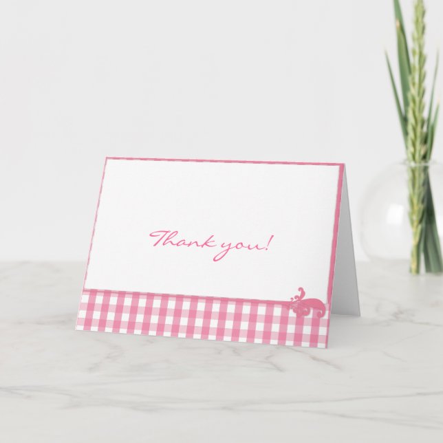 Pink Gingham Check Pattern Thank You Card (Front)