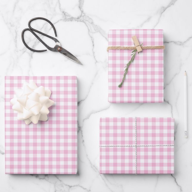Pink Gingham Check Pattern Wrapping Paper Sheets (Front)