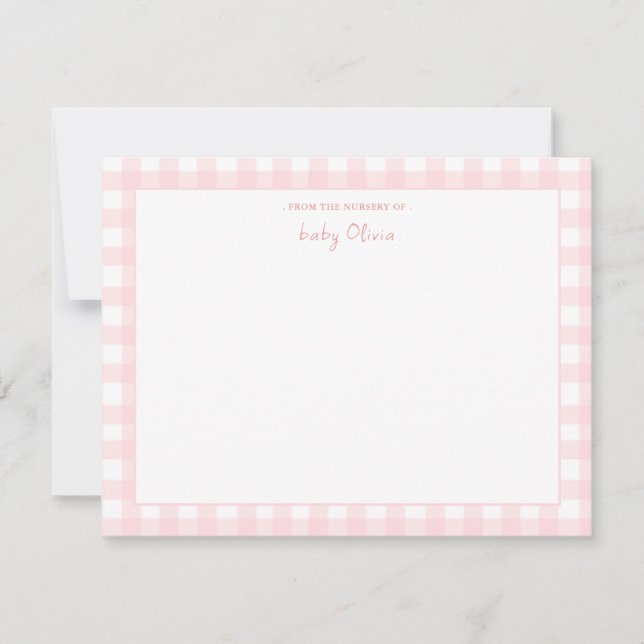 Pink Gingham check Personalized Flat Thank You Card (Front)