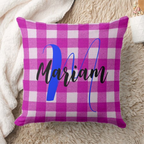 Pink Gingham Check Plaid - Cute Name Monogrammed Throw Pillow