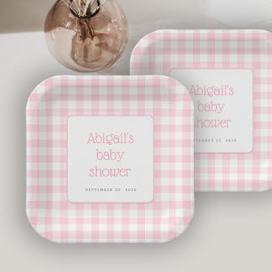 Pink Gingham Check Rustic Girls Baby Shower Paper Plates
