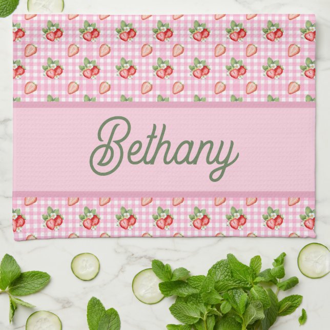 Pink Gingham Check Strawberry Pattern Kitchen Towel (Folded)