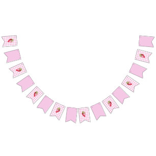 Pink Gingham Checker Strawberry Birthday Bunting Flags