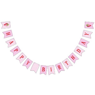Pink Gingham Checker Strawberry Birthday Bunting Flags