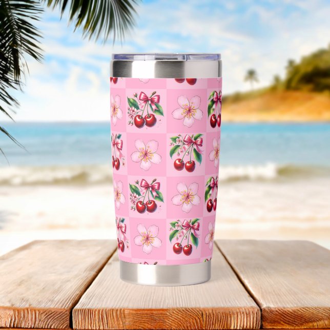 Pink Gingham Cherry Blossom  Insulated Tumbler (Beach (Rotated))