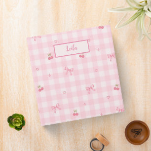 Pink Gingham Cherry Bow Script Name Design 3 Ring Binder