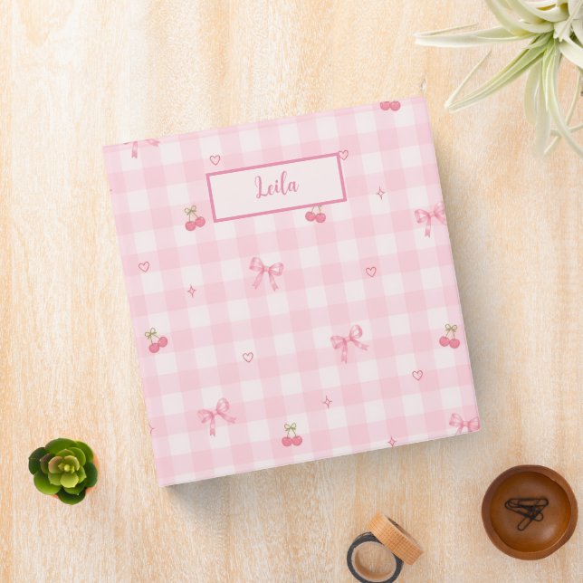 Pink Gingham Cherry Bow Script Name Design 3 Ring Binder (In Situ)