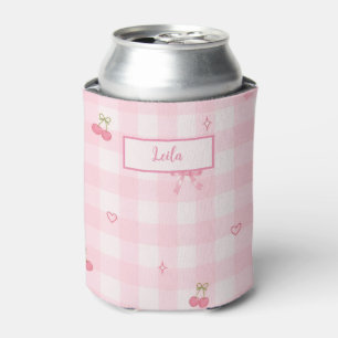 Pink Gingham Cherry Bow Script Name Design Can Cooler