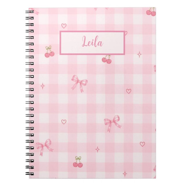 Pink Gingham Cherry Bow Script Name Design Notebook (Front)