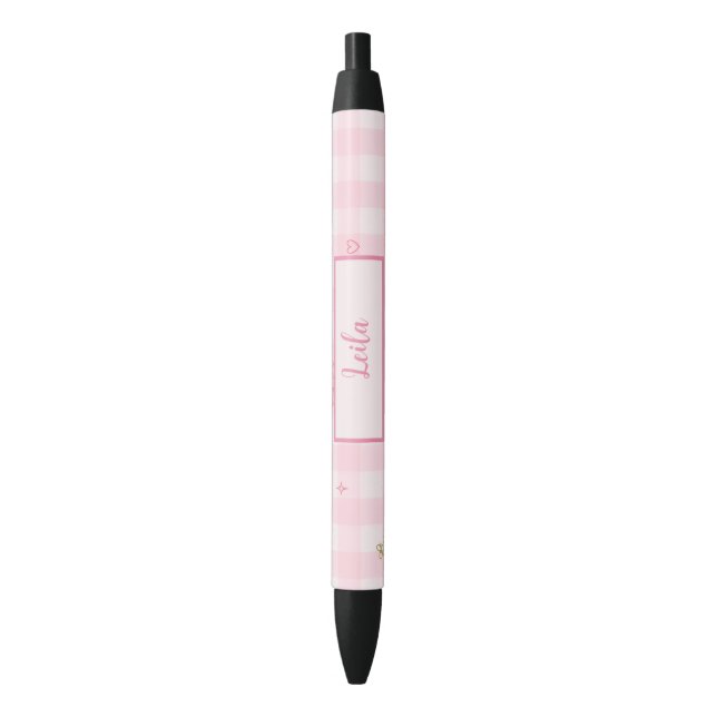 Pink Gingham Cherry Bow Script Name Design Pen (Front Vertical)