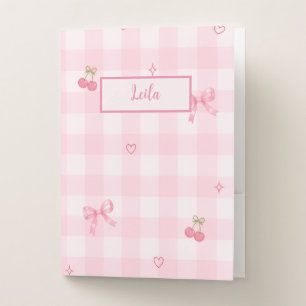 Pink Gingham Cherry Bow Script Name Design Pocket Folder