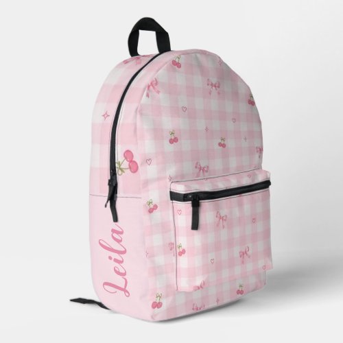 Pink Gingham Cherry Bow Script Name Design Printed Backpack