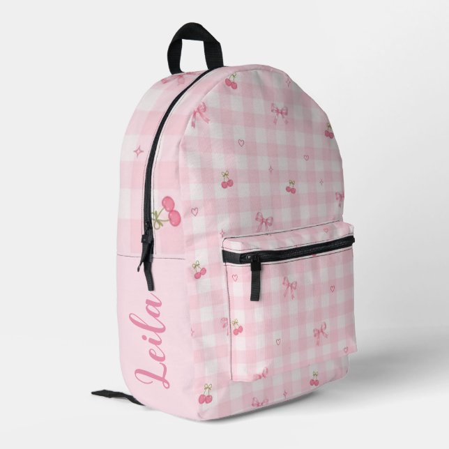 Pink Gingham Cherry Bow Script Name Design Printed Backpack (Back Corner Left)