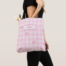 Pink Gingham Cherry Bow Script Name Design