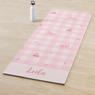 Pink Gingham Cherry Bow Script Name Design Yoga Mat