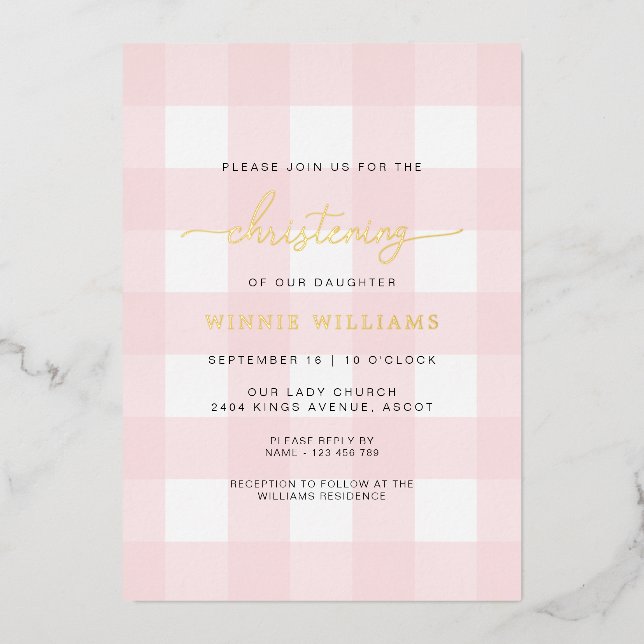 Pink Gingham Christening Foil Invitation (Front)