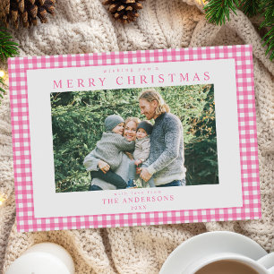 Pink Gingham Christmas Photo Holiday Card