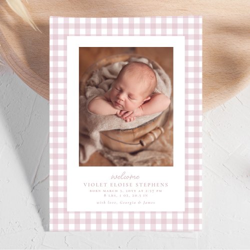 Pink gingham classic simple cute two photo birth announcement