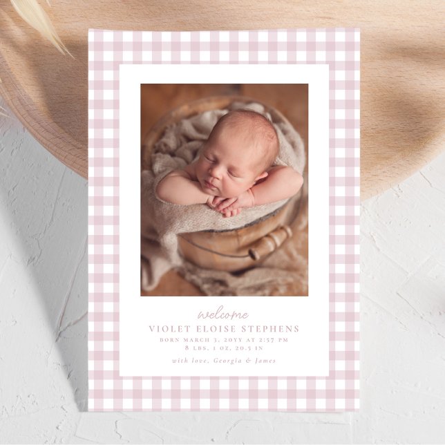 Pink gingham classic simple cute two photo birth announcement (Creator Uploaded)