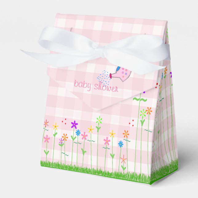 Pink Gingham Colorful Flowers Baby Shower- Favor Boxes (Front Side)