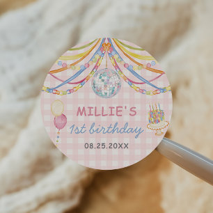 Pink Gingham Colorful Girl Birthday Party Classic Round Sticker