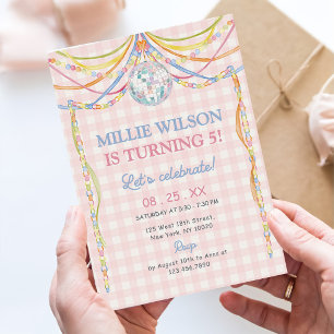Pink Gingham Colorful Girl Birthday Party Invitation
