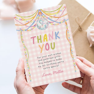 Pink Gingham Colorful Girl Birthday Party Thank You Card