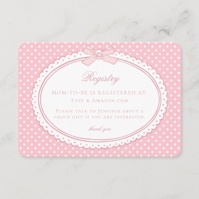 Pink Gingham Coquette Bow Baby Registry Enclosure Card (Front)