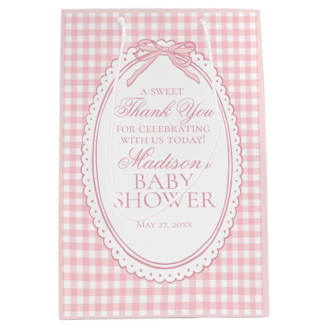 Pink Gingham Coquette Bow Baby Shower Favors Medium Gift Bag (Front)