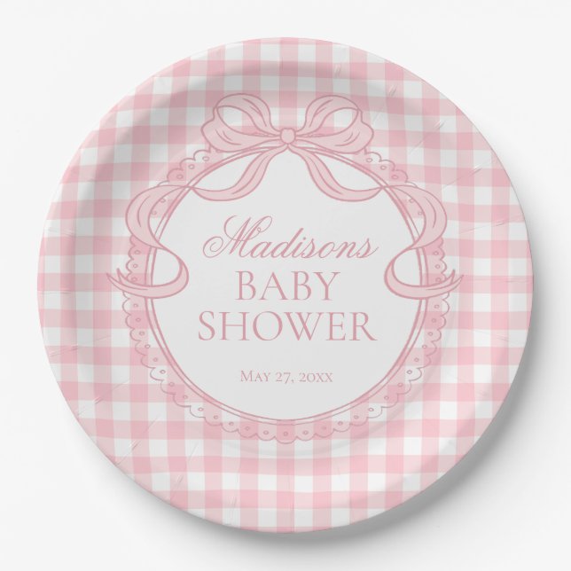 Pink Gingham Coquette Bow Baby Shower Paper Plates (Front)