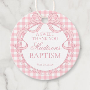 Pink Gingham Coquette Bow Baptism Circle Favor Tags