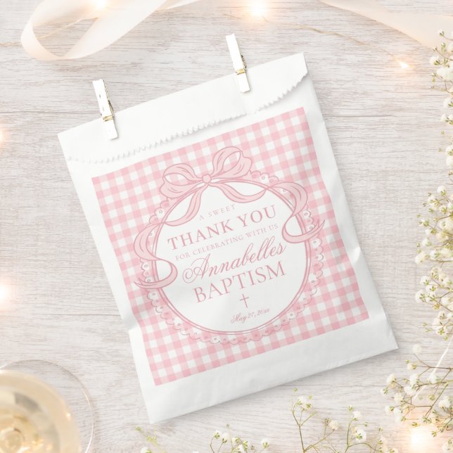 Pink Gingham Coquette Bow Baptism Dessert Favor Bag (Clipped)